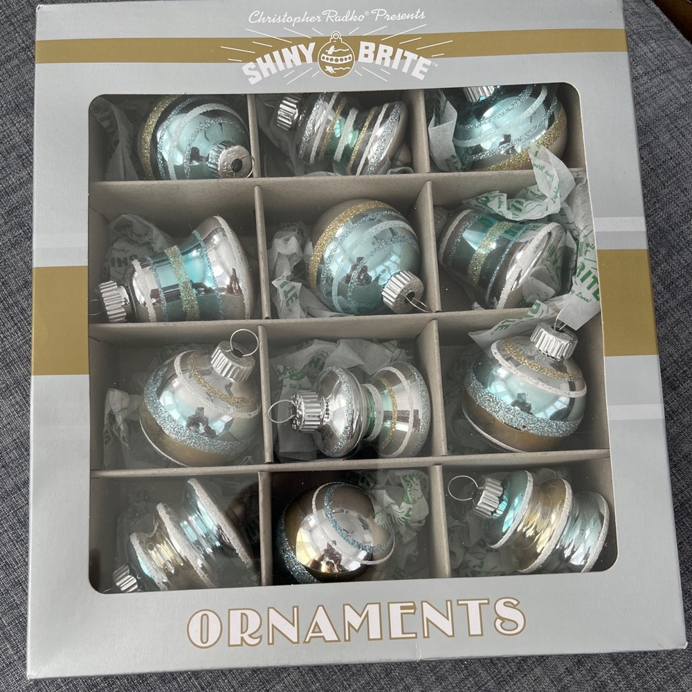 Christopher Radko Ornaments Shiny Brite 12 Piece Glass Blue Gold Glass